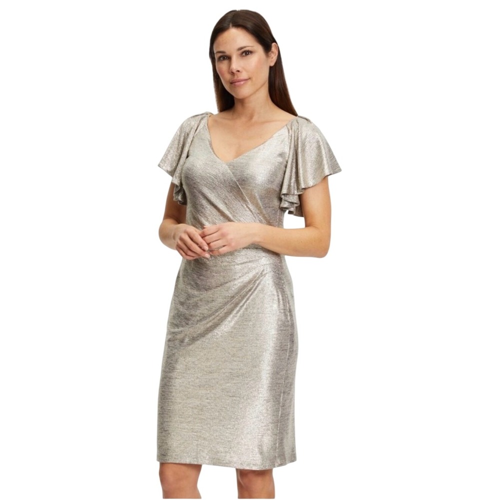 Ralph Lauren New Size 8 Silver Champ Metallic Surplice Flutter Sleeve Dress Mini